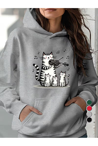 Trendy Sun هودي لطيف على شكل قطة وكمان مطبوع مصنوع من قماش بثلاث خيوط. مناسب ...