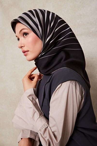 Levidor Eșarfă din mătase twill cu model în dungi gri-0909