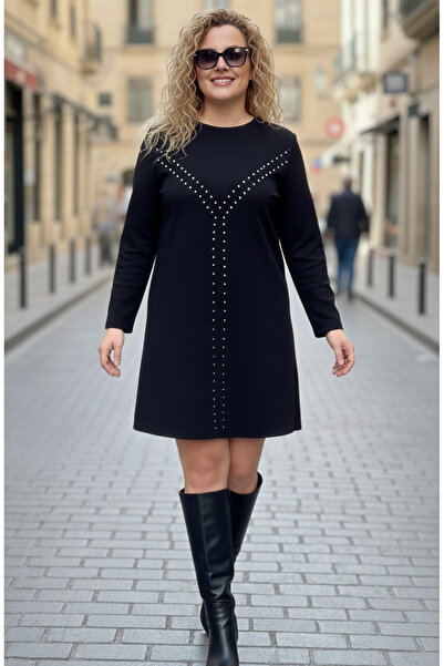 FOR ESRA BIG TREND Women's Plus Size Trok Accessory Detail Crew Neck Back Zipper Closure Scuba Suede Short Stretchy Dress