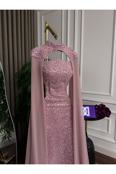 Generic Luxurious pink beaded evening gown with a flowing chiffon shawl - flared design for special occasions