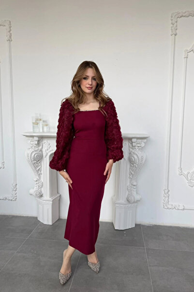 HELİS BUTİK Burgundy Dress with Pearl Collar and Rose Applique Sleeve Detail