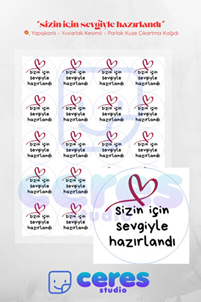 Ceres Studio Paketlemeye Etiketi 20 adet Sticker, "Sizin için sevgiyle hazırl...
