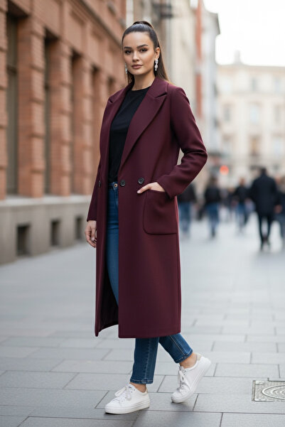 Pitti Women's Plum Cashmere Black Buttoned Black Lined Coat 70581