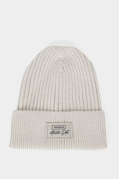 DeFacto F4131AXGR150 Γκρι ανδρικό καπέλο με ετικέτα με τύπωμα με φλις εσωτερικά