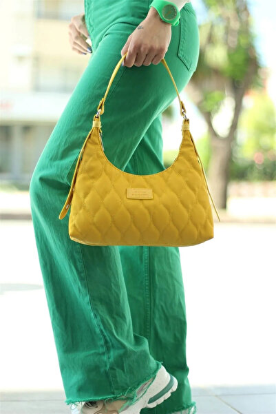 Glowfit Shine Your Shape Kadın Sarı Kapitone Desenli Baget Omuz Çantası, Günl...