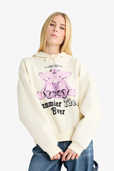 DeFacto G3884Axer103 Ecru Coool Oversized Wide Fit Hooded Printed Ksweatshirt