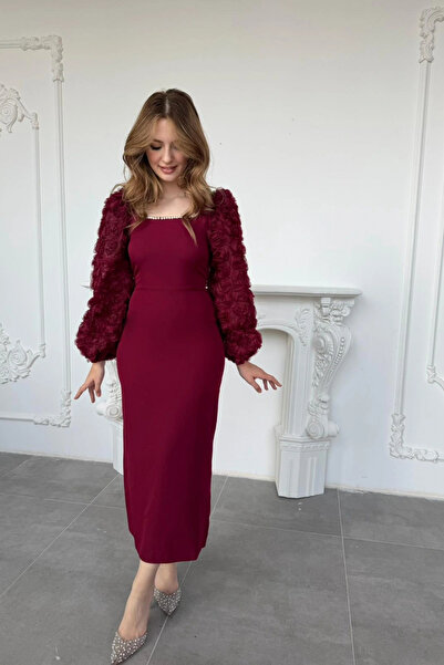 HELİS BUTİK Burgundy Dress with Pearl Collar and Rose Applique Sleeve Detail
