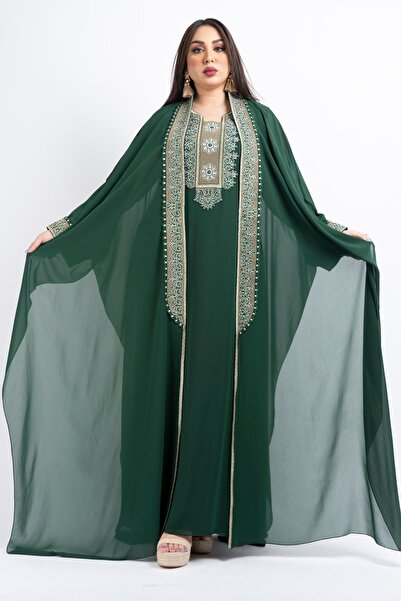 Zainah Luxury Chiffon Kaftan Jallabiya with Crystal Stone Embroidery | Elegant Evening Batwing Maxi Dress