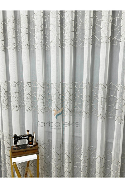 farbateks Gray Silver Geo Line Pattern Design 2 Layer Pleated Tulle Curtain