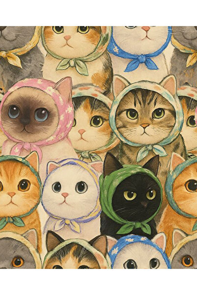 Novinqa Sevimli Babuşka Kediler Desenli Baskılı Kumaş