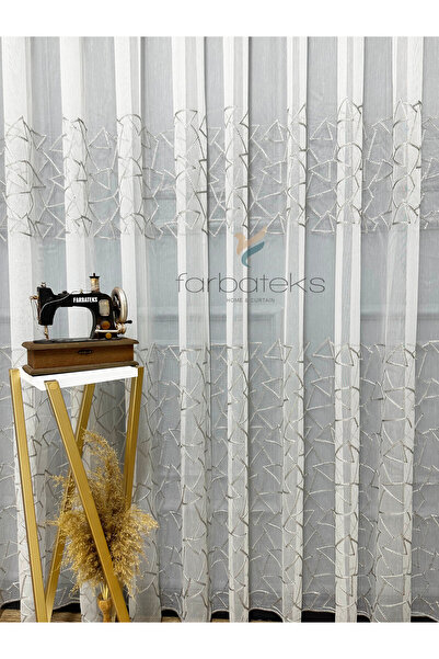 farbateks Gray Silver Geo Line Pattern Design 2 Layer Pleated Tulle Curtain