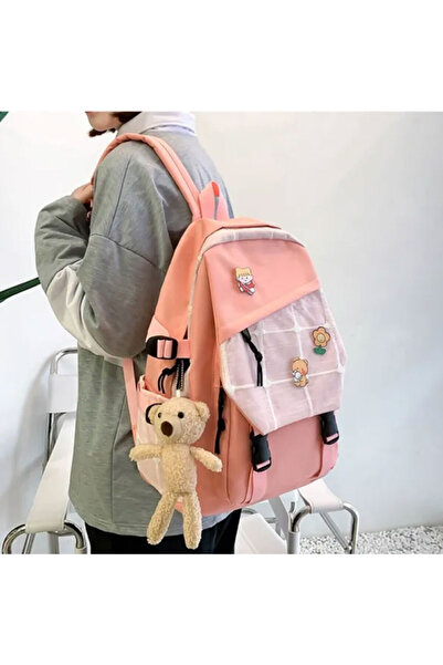 Muchmy Pink Canvas Backpack Set Outdoor Travel Laptop School Essentials 4Piece Set