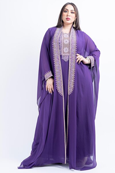 Zainah جلابية قفطان شيفون فاخر مطرز بأحجار الكريستال | فستان سهرة ماكسي أنيق بتصميم جناح الخفاش