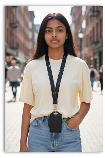 chic crazze Uzay Desenli Siyah Boyun Askı İpi ve Yatay Kart Koruyucu Seti Ve ...