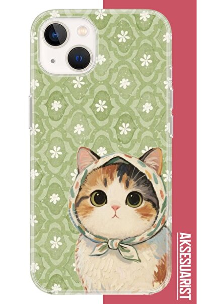 Aksesuarist Iphone 13 - 14 Uyumlu Yeşil Fularlı Kedi Desenli Silikon Kılıf
