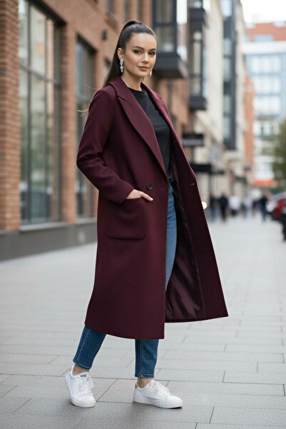 Pitti Women's Plum Cashmere Black Buttoned Black Lined Coat 70581