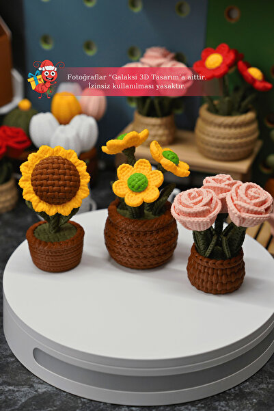 Galaksi 3D Minimal Saksı Çiçek 3’lü Set – Ayçiçeği, Papatya, Gül