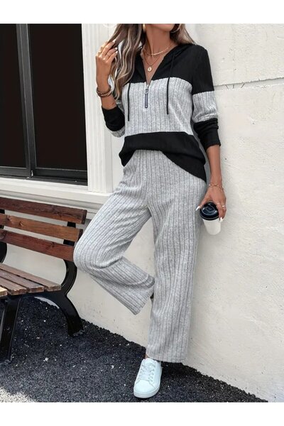 buğrahayalin Women's long sleeve hooded front zipper raised ribbed camisole blouse and pants