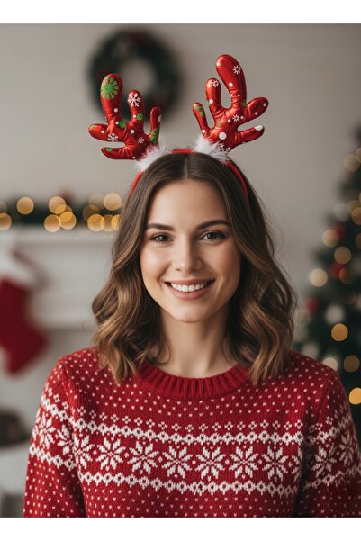 Kokoş Parti Kırmızı Geyik Boznuzlu Yılbaşı Parti Tacı – Beyaz Tüylü Kostüm Ta...