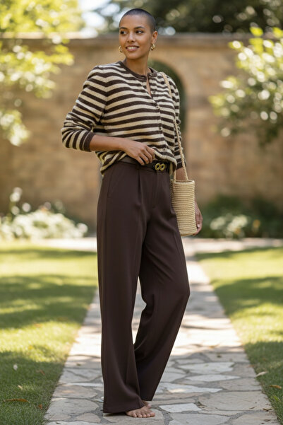 SEMİZ GİYİM Geniş Paçalı Kemerli Kahverengi Kumaş Pantolon