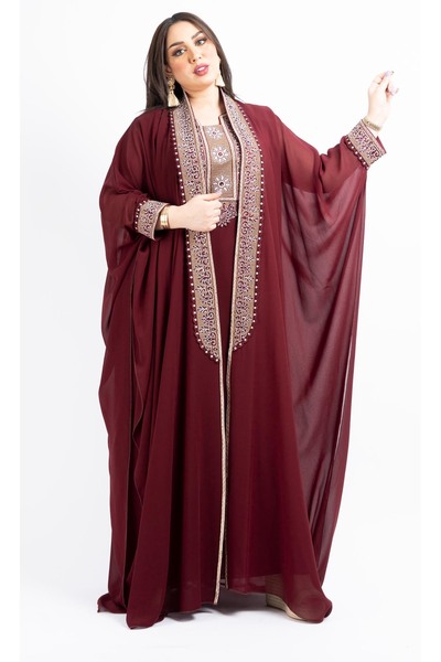 Zainah Luxury Chiffon Kaftan Jallabiya with Crystal Stone Embroidery | Elegant Evening Batwing Maxi Dress