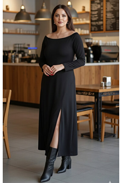 FOR ESRA BIG TREND Women's Plus Size Madonna Collar Front Single Slit Modal Fabric Long Stretchy Dress