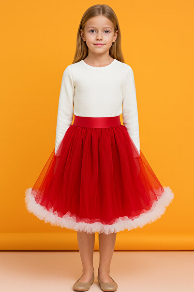 ESİLA KİDS Fusta pentru fetiță, elegantă, cu centură, în culori roșu și alb