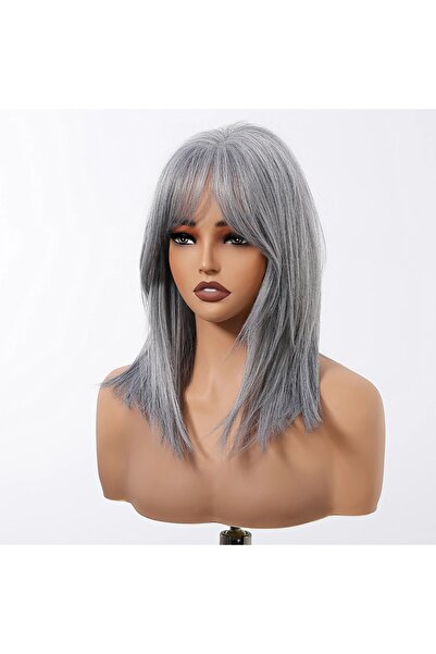 animis beauty Silver Grey wig, Premium synthetic fiber with a look, medium straight hair, with bangs, 40 cm