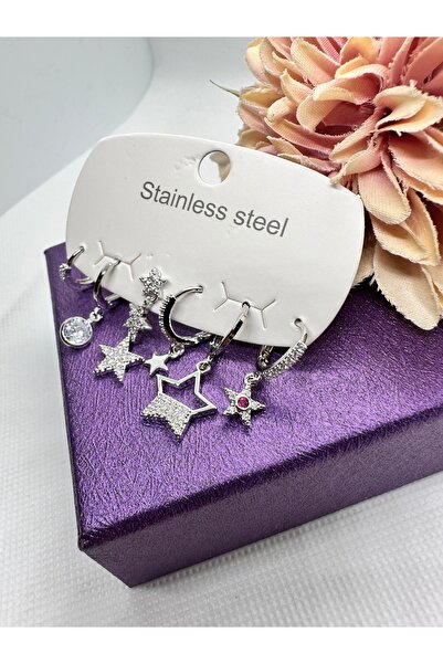 staınless steel Zircon Stone Star Combination 6-Piece Steel Earring Set