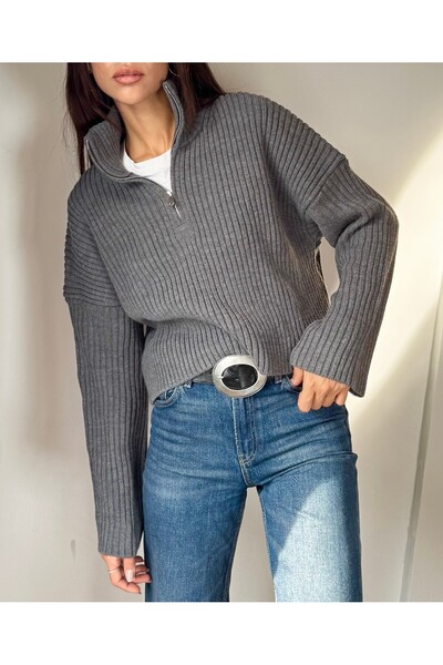 Azimutgiyim Women's Gray Mock Neck Zippered Knitwear Crop Sweater