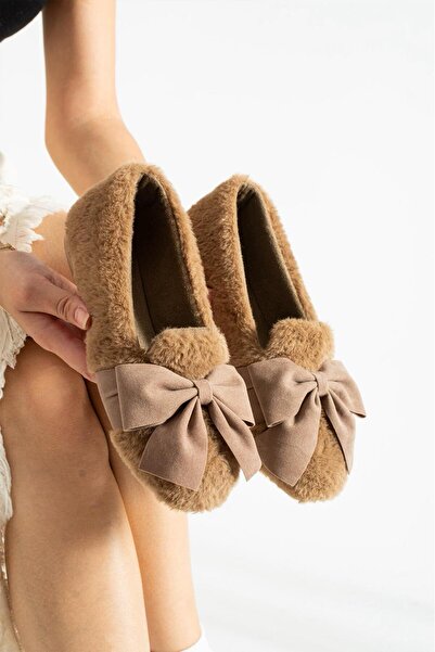 Legend Aksesuar Winter Fluffy Ribbon Bow Plush Ballerina Slippers