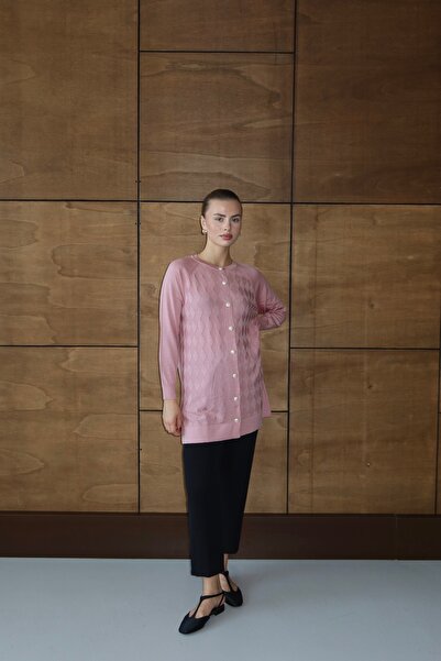 ilmek 25023 Women's Premium Knitwear Baklava Patterned Cardigan Pink