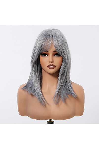 animis beauty Silver Grey wig, Premium synthetic fiber with a look, medium straight hair, with bangs, 40 cm