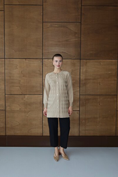 ilmek 25023 Women's Premium Knitwear Baklava Patterned Cardigan Mink