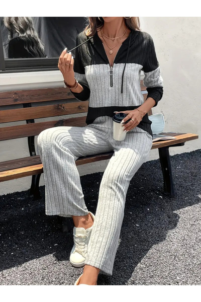 buğrahayalin Women's long sleeve hooded front zipper raised ribbed camisole blouse and pants