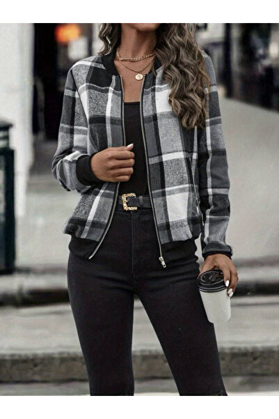 buğrahayalin Women's Long Sleeve Front Zipper Plaid Patterned Jacket