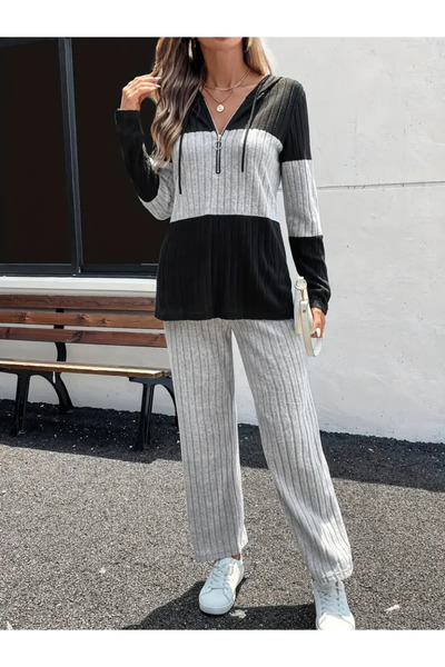 buğrahayalin Women's long sleeve hooded front zipper raised ribbed camisole blouse and pants