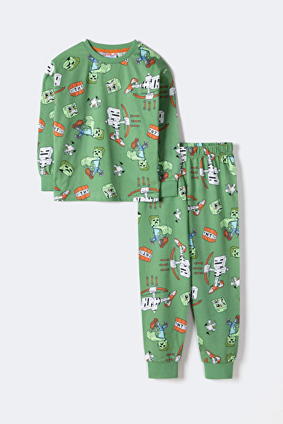 Krazber Boys' Block Monsters Patterned Long Sleeve Pajama Set – Green (3–12 Years)