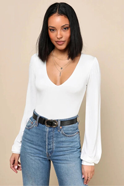 bysoca Kadın Beyaz Geniş U Yaka Uzun Balon Kollu Vücudu Saran Çift Kat İpek J...