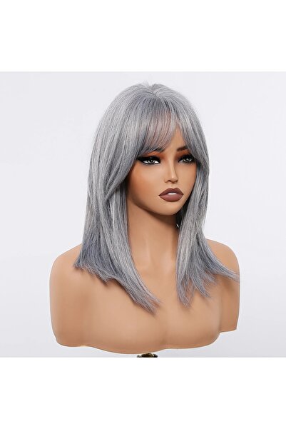 animis beauty Silver Grey wig, Premium synthetic fiber with a look, medium straight hair, with bangs, 40 cm