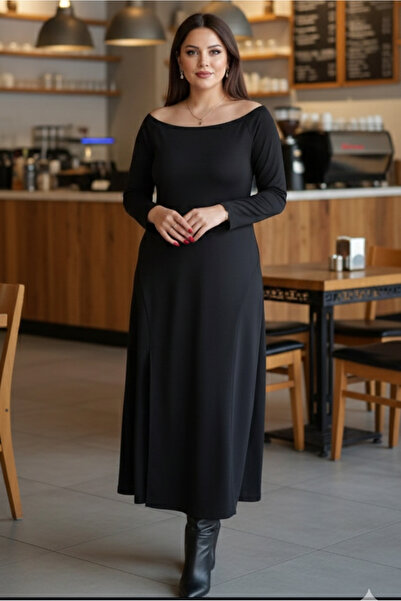 FOR ESRA BIG TREND Women's Plus Size Madonna Collar Front Single Slit Modal Fabric Long Stretchy Dress