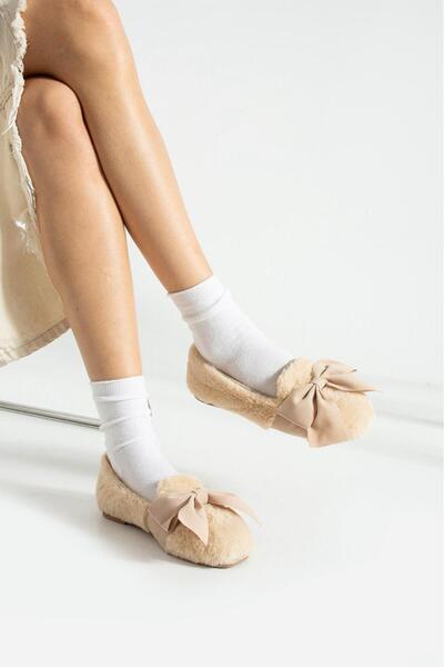 Legend Aksesuar Winter Fluffy Ribbon Bow Plush Ballerina Slippers