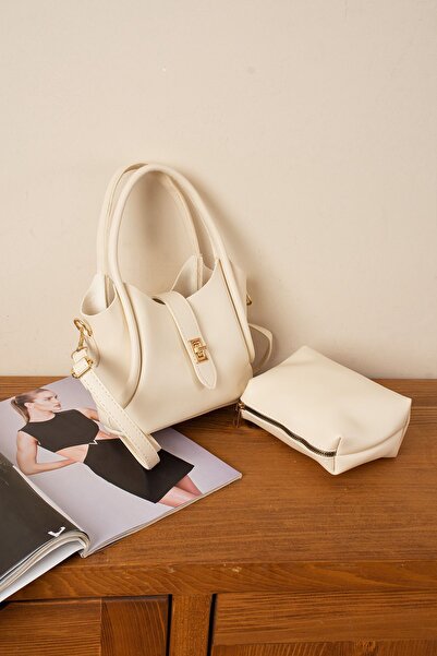 MY VİNTAGE Elegant Faux Leather Women's Hand And Shoulder Bag with Iron Buckle Belt Double Strap Makeup Bag