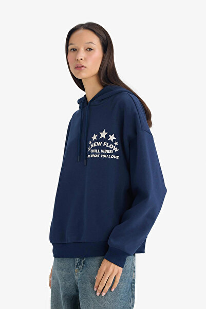 DeFacto G3875Axnv248 Navy Blue Oversized Wide Fit Hooded Back Printed Sweatshirt