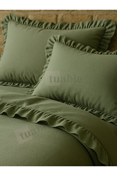 Tuable Ruffled Cotton Duvet Cover Set Double Size Green 200X220Cm