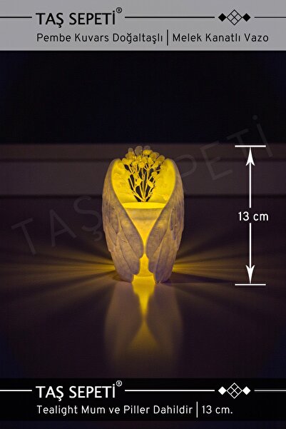 TAŞ SEPETİ Pembe Kuvars Doğaltaşlı Işıklı Melek Kanatlı Dekoratif Vazo | Teal...