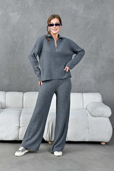 Noi Belis Basic Wick Knit Detailed Half Zipper Knitwear Bottom-Top Set Aw25Au0045