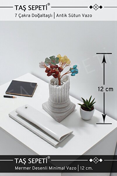TAŞ SEPETİ 7 Çakra Doğaltaşlı Mermer Desenli Antik Sütun Temalı Dekoratif Vaz...