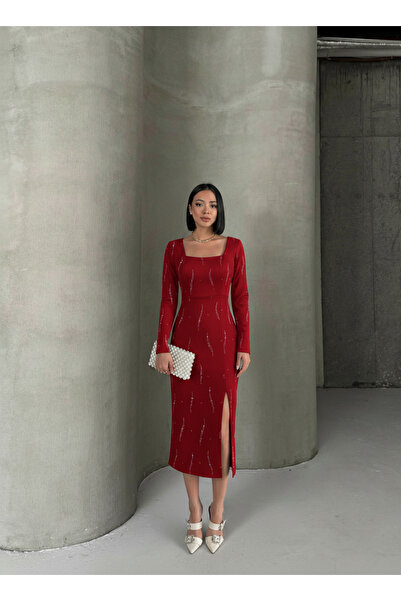 ALFUDO Moda Collection Long Sleeve Midi Length Front Slit Stone Print Fabric Graduation Evening Dress