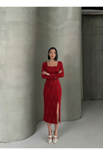 ALFUDO Moda Collection Long Sleeve Midi Length Front Slit Stone Print Fabric Graduation Evening Dress